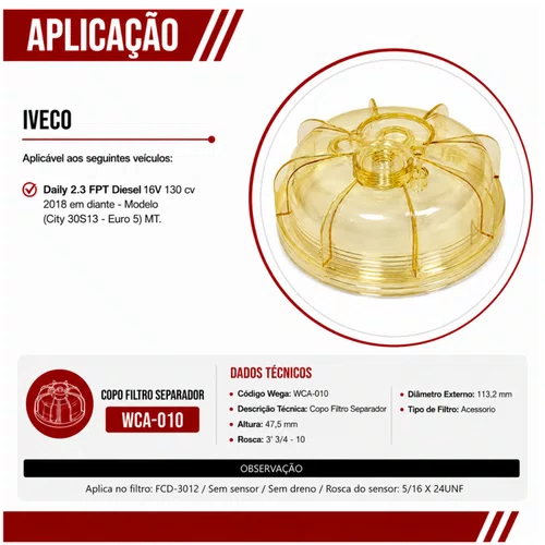 Copo Acrílico Filtro Separador Iveco Daily 2.3 - Wega WCA010