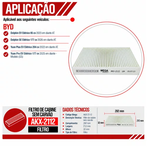 Filtro Cabine BYD Dolphin Yuan Plus Elétrico - Wega AKX2112
