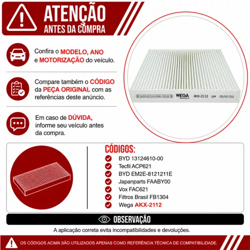 Filtro Cabine BYD Dolphin Yuan Plus Elétrico - Wega AKX2112