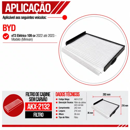 Filtro Cabine BYD eT3 2022 Até 2023 - Wega AKX2132