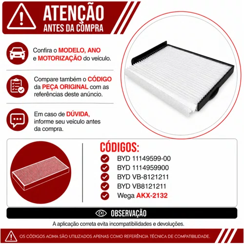 Filtro Cabine BYD eT3 2022 Até 2023 - Wega AKX2132