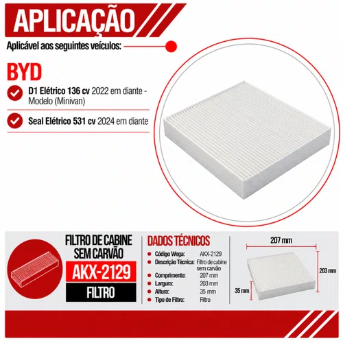 Filtro Cabine BYD Seal D1 - Wega AKX2129