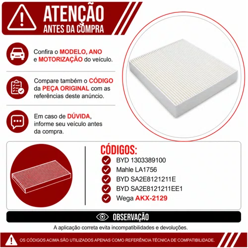 Filtro Cabine BYD Seal D1 - Wega AKX2129