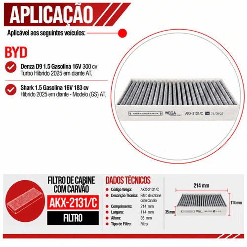 Filtro Cabine BYD Shark Denza D9 Híbrido - Wega AKX2131/C