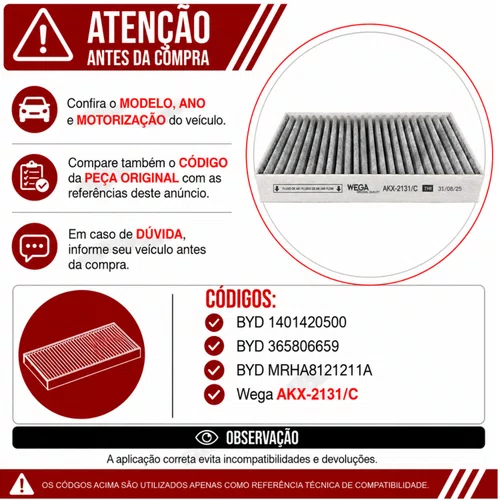 Filtro Cabine BYD Shark Denza D9 Híbrido - Wega AKX2131/C