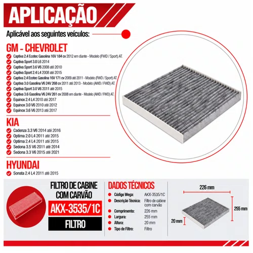 Filtro Cabine Captiva Equinox Sonata - Wega AKX3535/1C