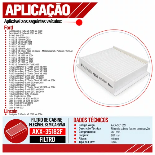 Filtro Cabine F-150 F-250 F-350 - Wega AKX35182F