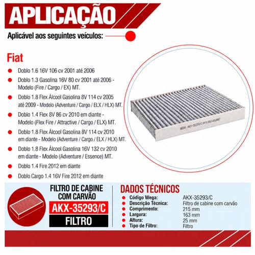 Filtro Cabine Fiat Doblo 1.4 1.6 1.8 - Wega AKX35293/C