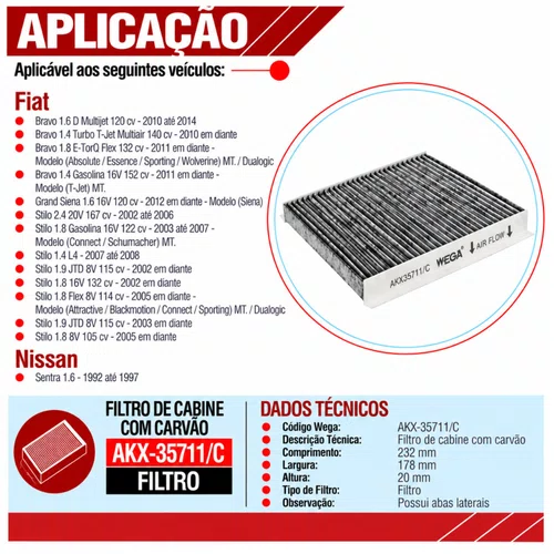 Filtro Cabine Fiat Stilo Bravo Grand Siena - Wega AKX35711/C