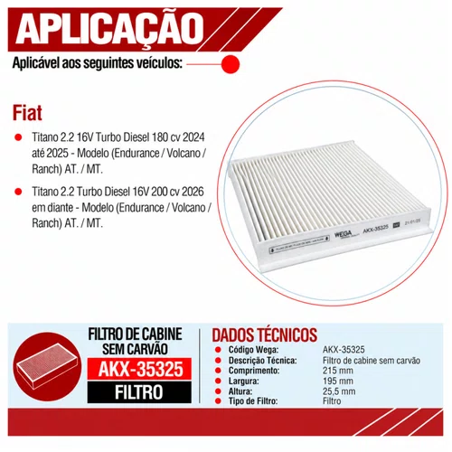 Filtro Cabine Fiat Titano 2.2 Diesel 2024> - Wega AKX35325
