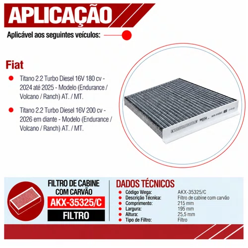 Filtro Cabine Fiat Titano 2.2 Diesel 2024> - Wega AKX35325/C