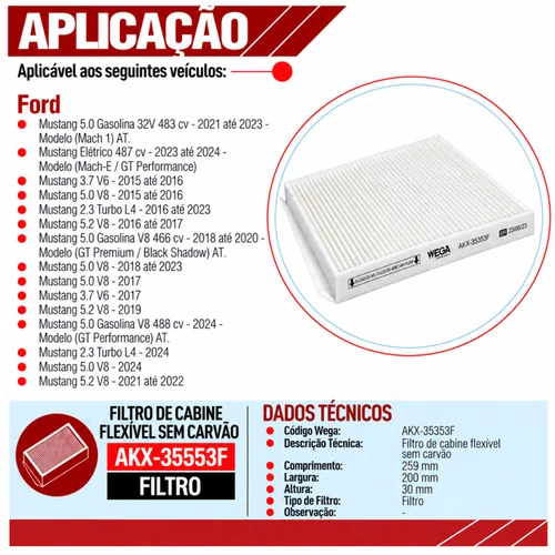 Filtro Cabine Ford Mustang 2015 em Diante - Wega AKX35353F