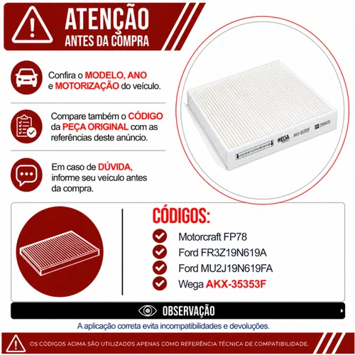 Filtro Cabine Ford Mustang 2015 em Diante - Wega AKX35353F