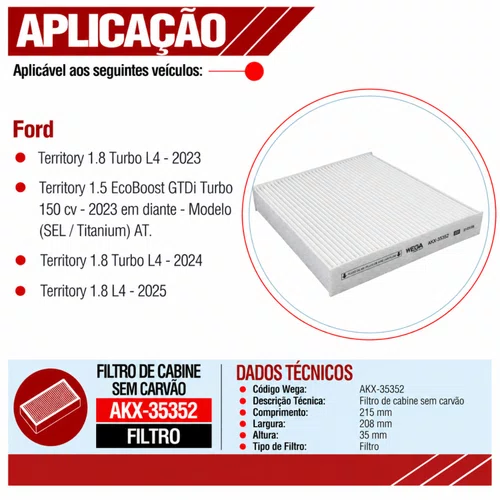 Filtro Cabine Ford Territory 2023 em diante - Wega AKX35352