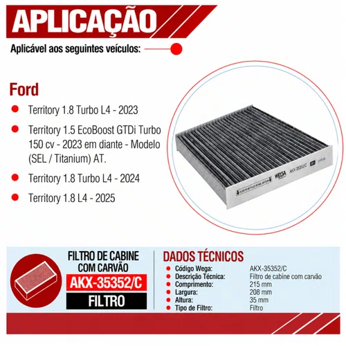 Filtro Cabine Ford Territory 2023 em Diante- Wega AKX35352/C