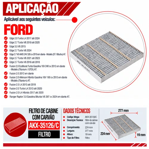 Filtro Cabine Fusion Edge Ranger Raptor - Wega AKX35126/C