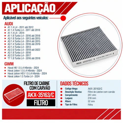 Filtro Cabine Gol Fox CrossFox Golf - Wega AKX35163/C
