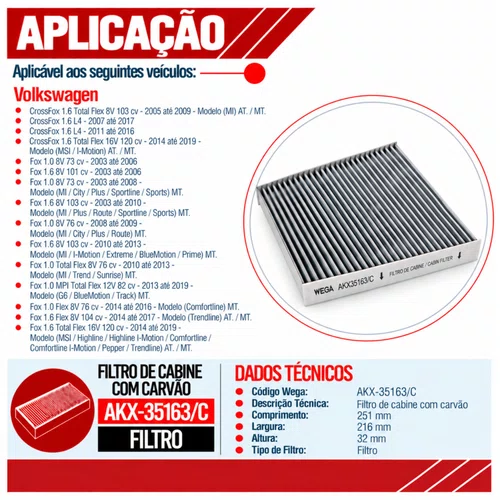 Filtro Cabine Gol Fox CrossFox Golf - Wega AKX35163/C
