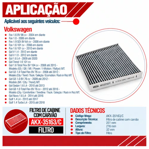 Filtro Cabine Gol Fox CrossFox Golf - Wega AKX35163/C