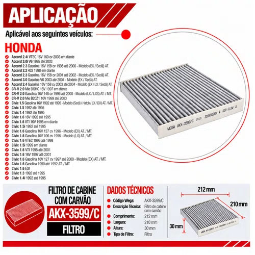 Filtro Cabine Honda Civic CR-V Accord - Wega AKX3599/C