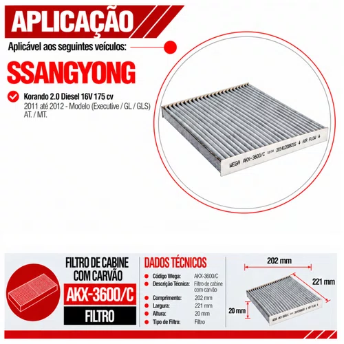 Filtro Cabine Korando 2.0 2011 Até 2012 - Wega AKX3600/C