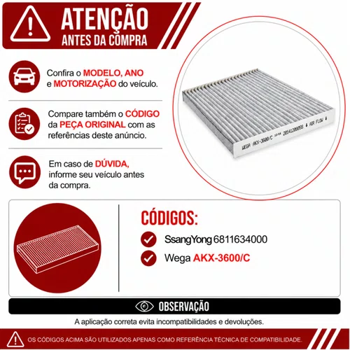 Filtro Cabine Korando 2.0 2011 Até 2012 - Wega AKX3600/C