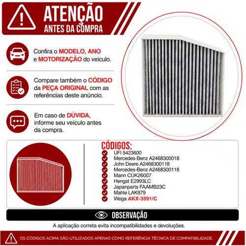 Filtro Cabine Mercedes A200 CLA200 GLA200 - Wega AKX3591/C