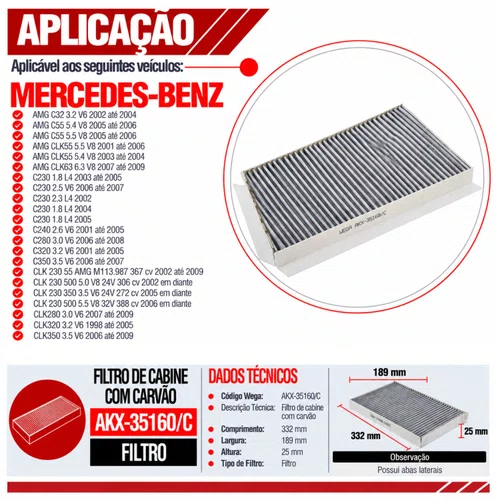 Filtro Cabine Mercedes C180 C200 C230 - Wega AKX35160/C