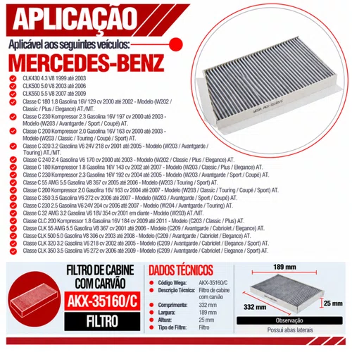 Filtro Cabine Mercedes C180 C200 C230 - Wega AKX35160/C