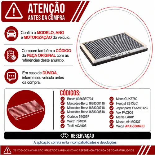 Filtro Cabine Mercedes Classe A A160 A190 - Wega AKX35667/C