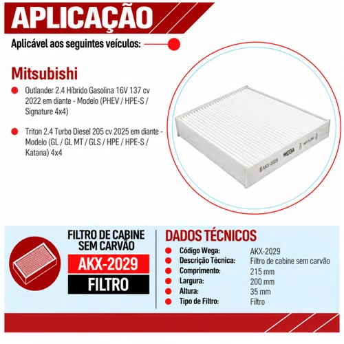 Filtro Cabine Mitsubishi Triton Outlander - Wega AKX2029