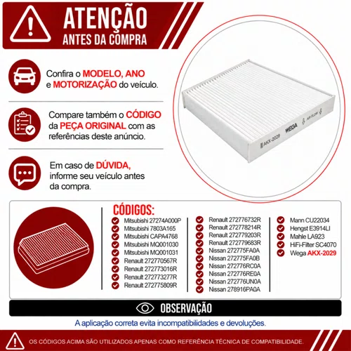 Filtro Cabine Mitsubishi Triton Outlander - Wega AKX2029