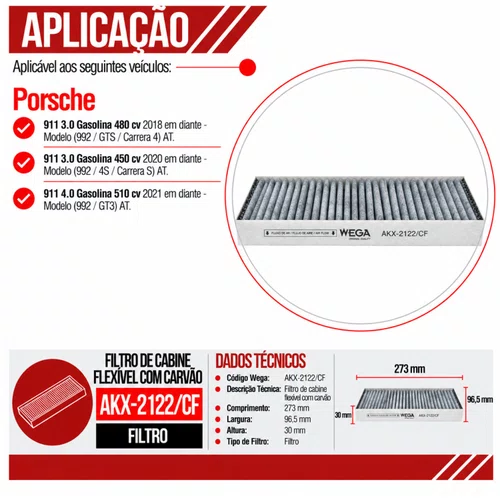 Filtro Cabine Porsche 911 3.0 4.0 - Wega AKX2122/CF