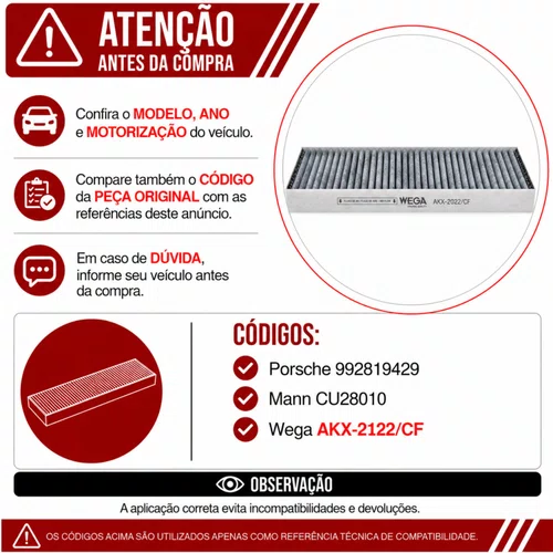 Filtro Cabine Porsche 911 3.0 4.0 - Wega AKX2122/CF