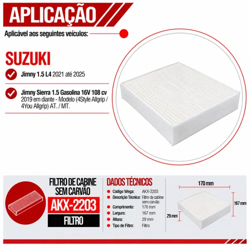 Filtro Cabine Suzuki Jimny Sierra 1.5 - Wega AKX2203