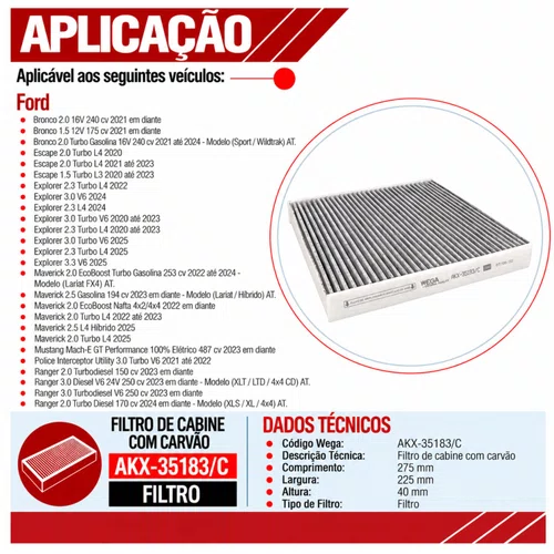 Filtro Cabine Ford Ranger Maverick Bronco - Wega AKX35183/C