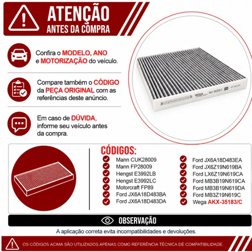 Filtro Cabine Ford Ranger Maverick Bronco - Wega AKX35183/C