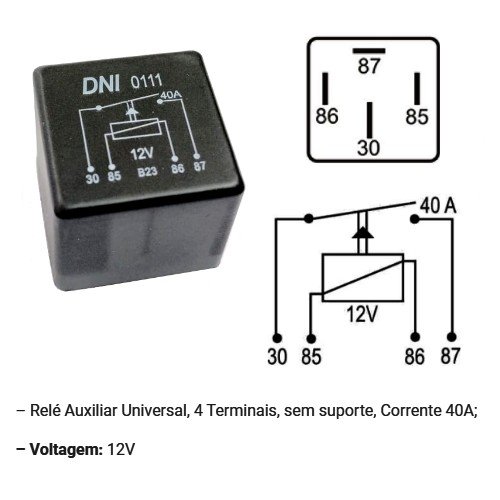 Rele Auxiliar 4 Pinos 40A 12V Uso Geral Sem Suporte - DNI0111