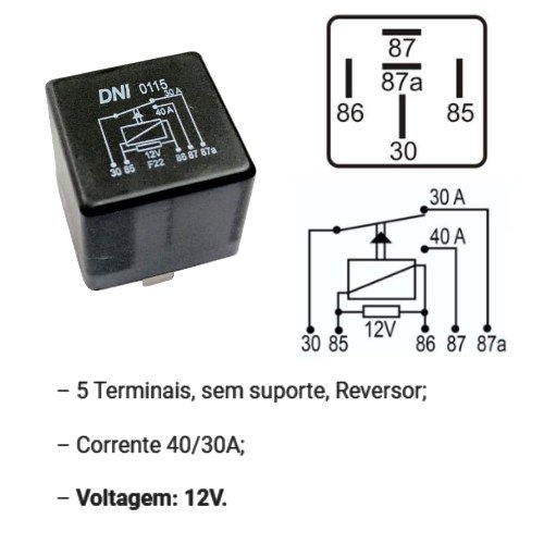 Rele Auxiliar Reversor 5 Pinos 12V Fiat, Ford, VW - DNI0115